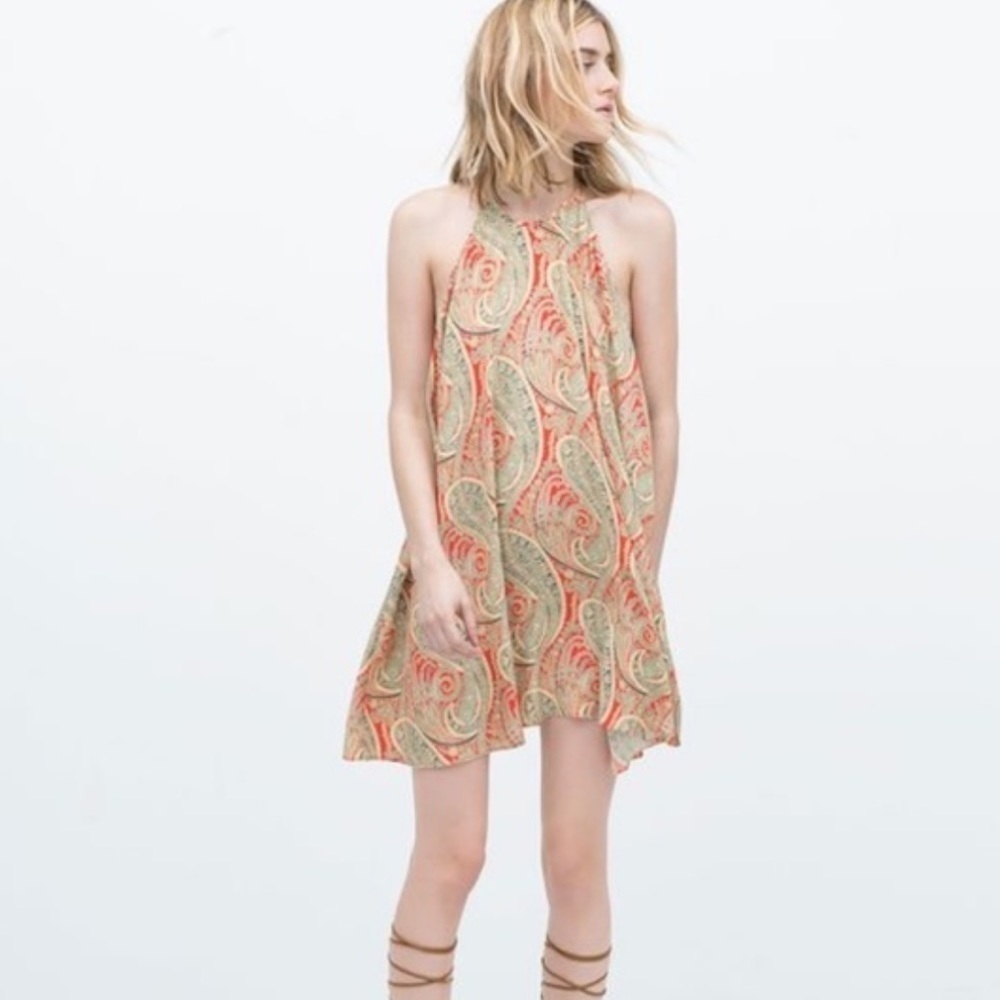 ZARA PAISLEY PRINTED HALTED NECK TUNIC DRESS. Size M